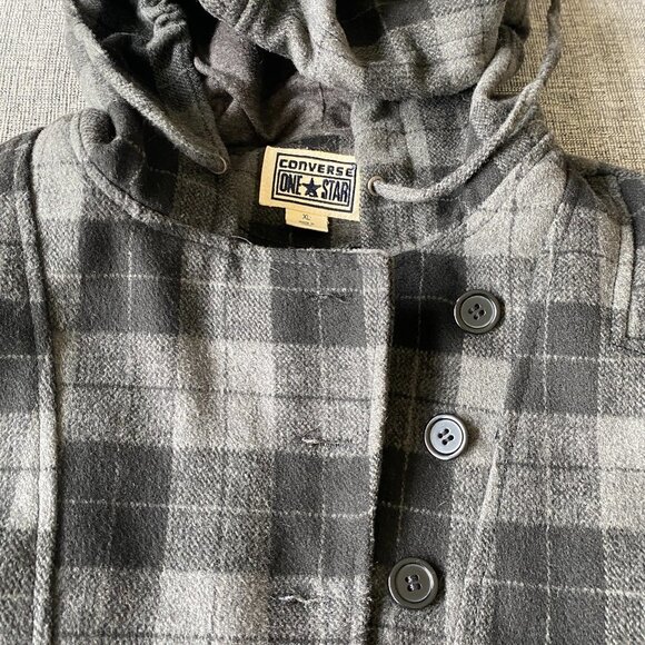 Converse Skate Board Heavy Gray Plaid Hooded Jacket Peacoat Womens XL - Picture 4 of 7